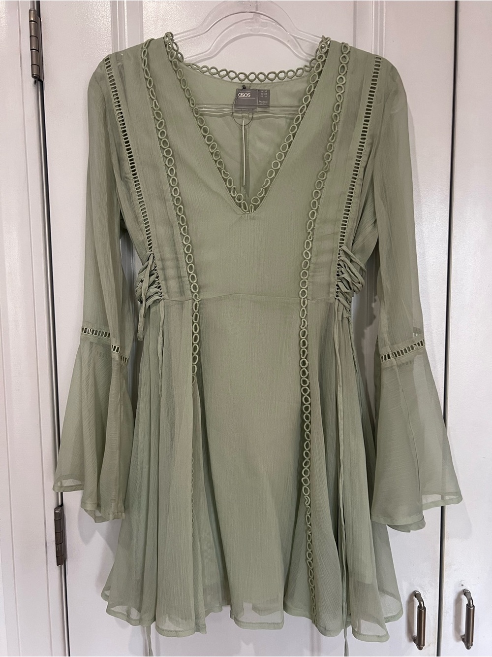 ASOS Sage Green Long Sleeve Boho Mini Dress- size 6- NWT